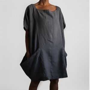 LINEN FOX WOMENS DRESS GRAY 100% LINEN SMOCK KNEE LENGTH MEDIUM